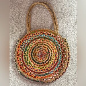 Boho Multicolor Woven Straw Round Tote Bag Large Market Beach Bag
